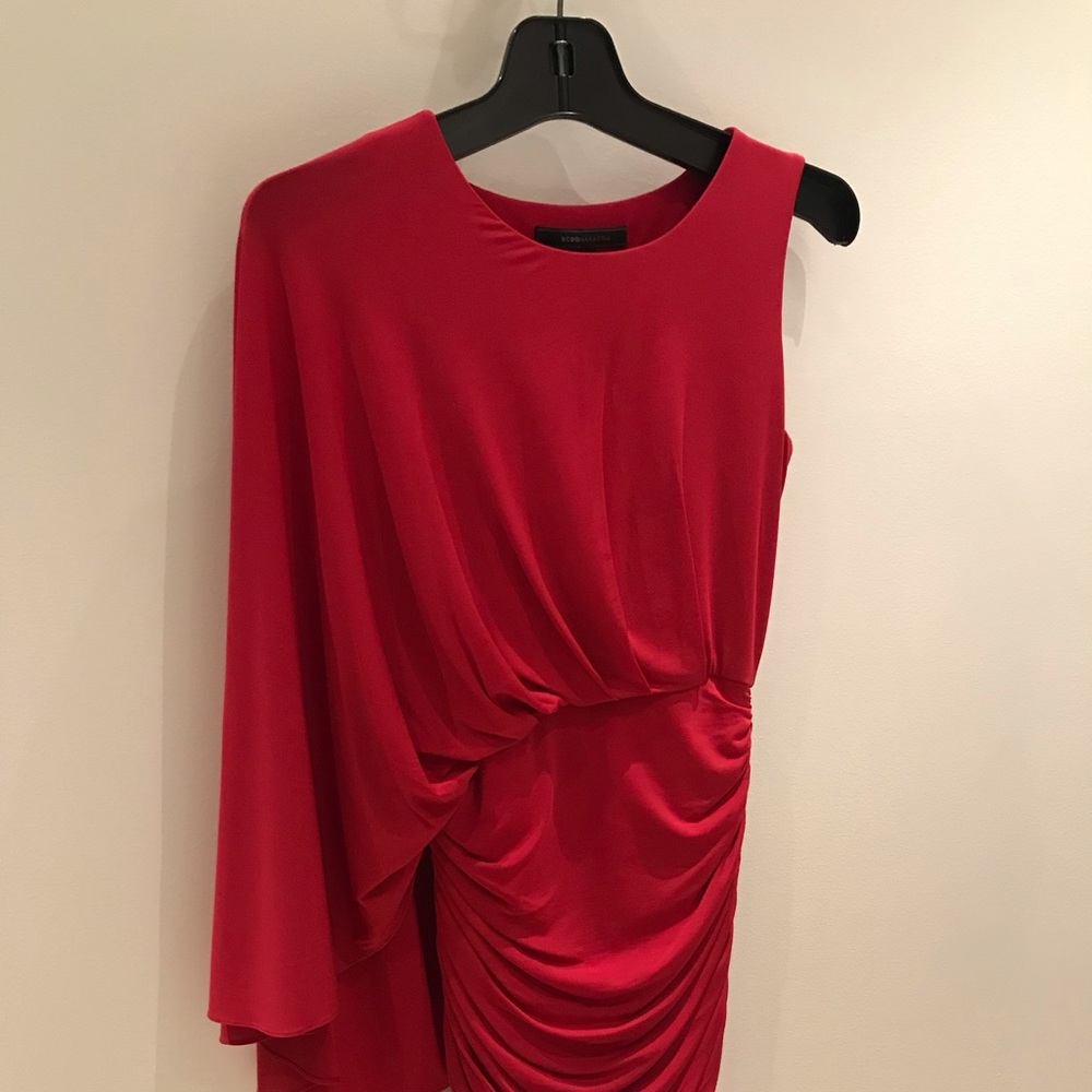 Bcbgmaxazria red a-symmetrical dress with ruching
